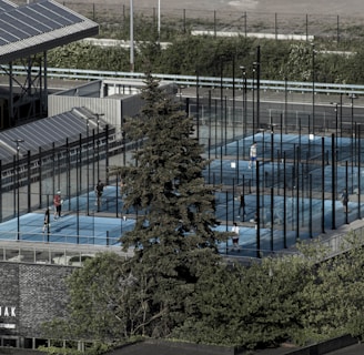 Aerial view of an outdoor sports complex featuring multiple enclosed courts with blue surfaces, surrounded by tall black fences. Several people are actively playing on the courts. Nearby is a large building with a sign reading 'MANIAK' and a tree in the foreground. Solar panels are visible on the roof of the structure beside the courts.